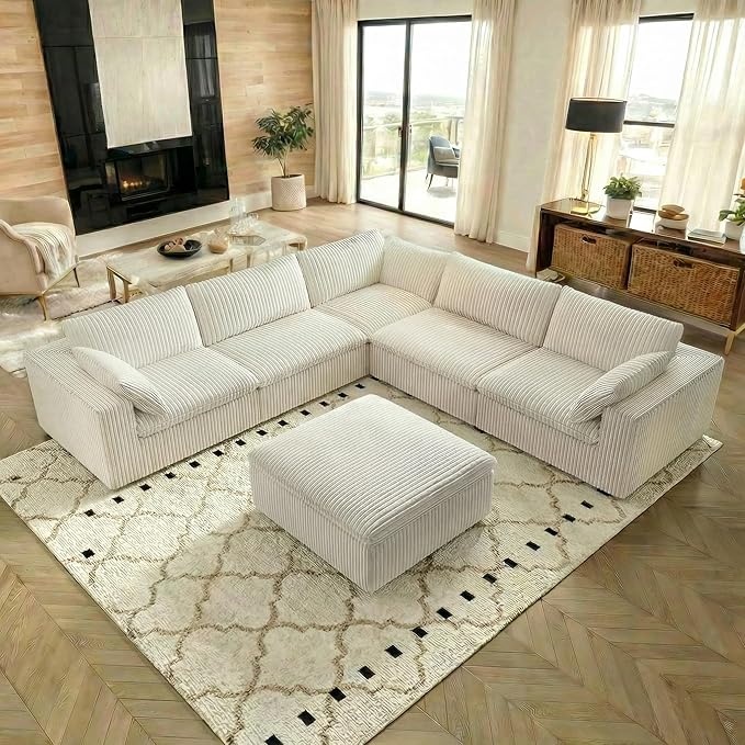 118.2 Modern V Shaped Corner Sofa Comfy Modular Sectional Cloud Couch with Plush Corduroy Fabric Deep Seat Upholstered Sofa Boneless Couches for Living Room No Assembly (White + Ottoman)