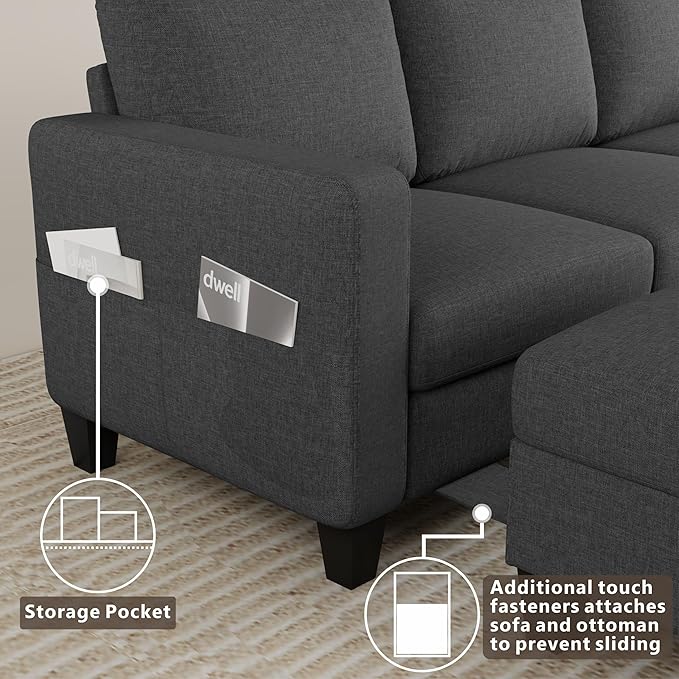 Sectional Sofa and Couches for Living Room - 78'' Dark Grey 3 Seat L-Shaped Couch with Storage Ottoman Modern Linen Convertible Sectionals Sofas for Apartment Office Small Space