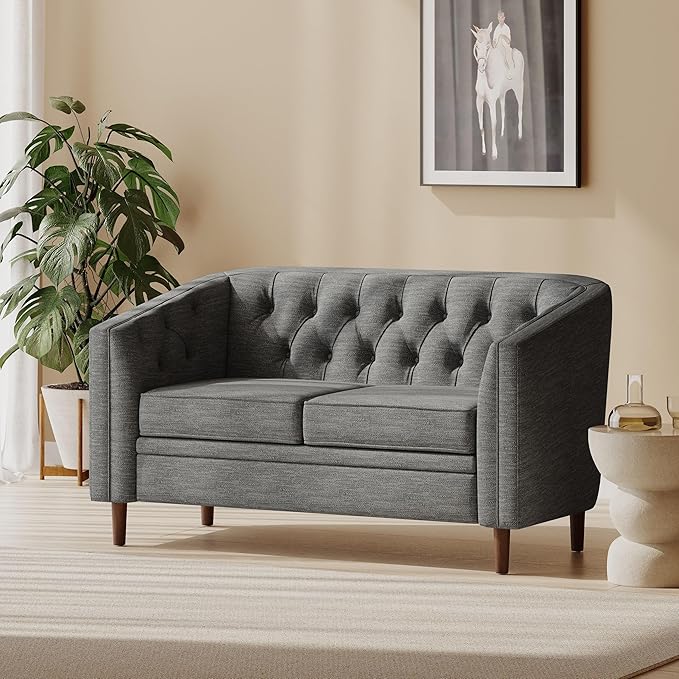 Charcoal Fabric Loveseat Tub-Shaped 2-Seater Sofa with Button-Tufted Stitch Contemporary Living Room Furniture with Birch Wood Legs Cozy Lounge Chair
