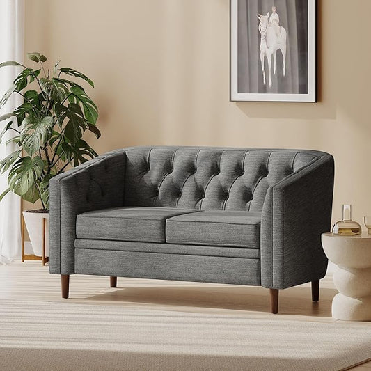 Charcoal Fabric Loveseat Tub-Shaped 2-Seater Sofa with Button-Tufted Stitch Contemporary Living Room Furniture with Birch Wood Legs Cozy Lounge Chair