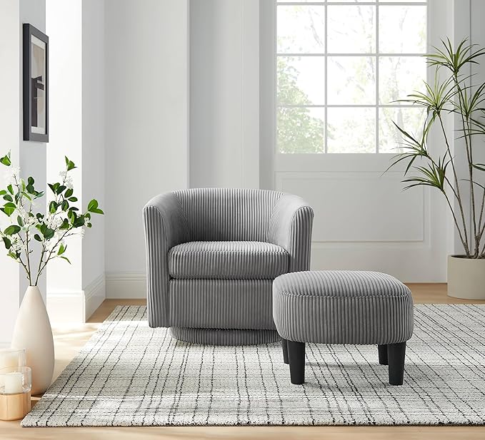 360° Swivel Accent Chair with Ottoman - Comfy Corduroy Recliner Armchair Single Sofa for Living Room &amp Bedroom (Grey)
