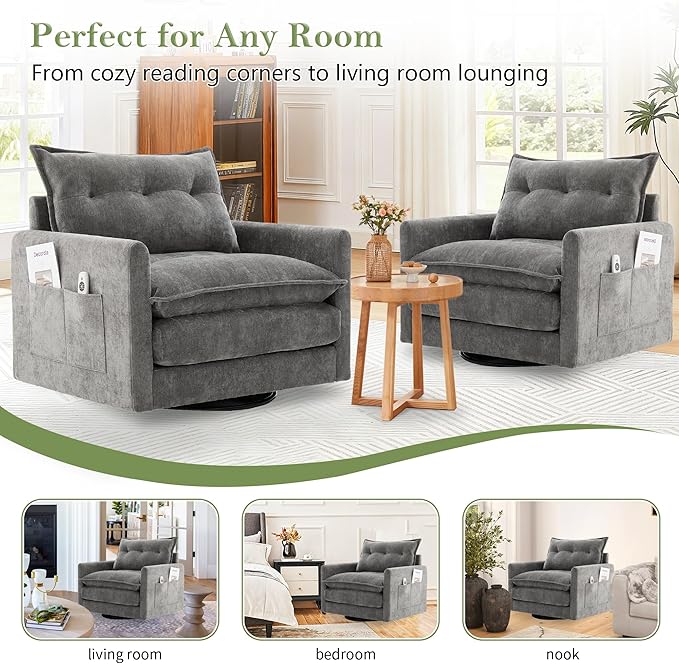 cinkehome Oversized Swivel Chair 36 Swivel Armchair Accent Chair for Living Room Mid Century Modern Thick Padded Arm Chairs Memory Foam Chenille Gray