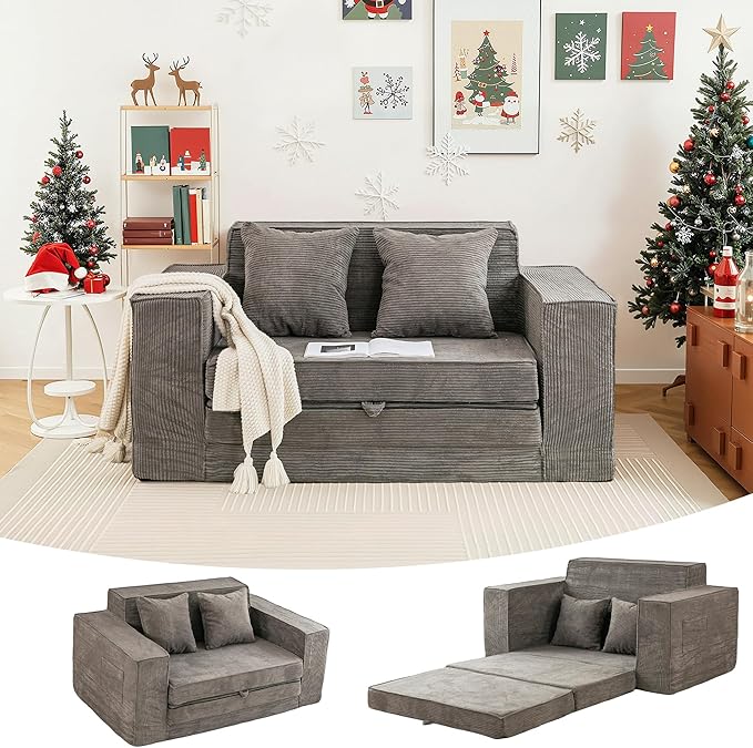 HOMREST 63 Convertible Memory Foam Loveseat Sofa Pull Out Sleeper Sofa Bed 2 in 1 Folding Couch Bed Fold Out Floor Couch Corduroy Fabric with 2 Pillows for Living Room Bedroom Lounge (Grey)