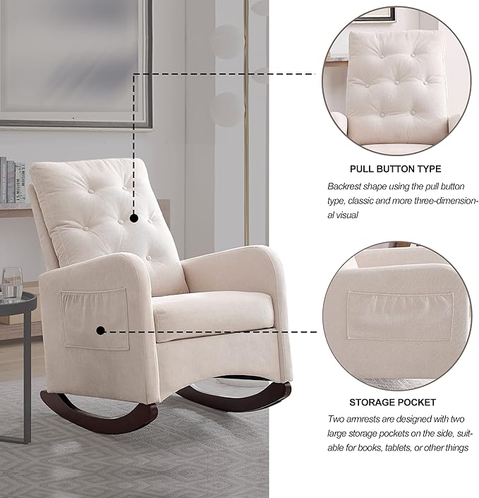25.6 W Modern Accent High Backrest Living Room Lounge Arm Rocking Chair Two Side Pocket