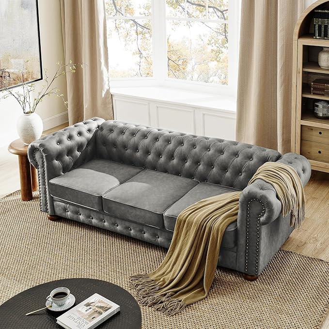 88.5 Upholstered Chesterfield Couch Modern 3 Seater Sofa with Tufted Back and Scrolled Arms Wood Leg Nailhead Sofa for Living Room Office Apartment Small Space Linen Upholstered Dark Gray