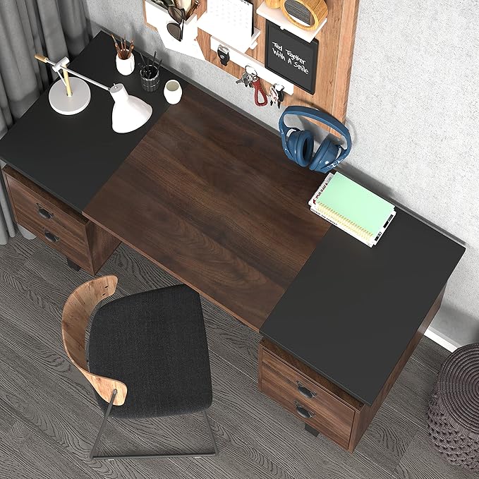 MODERION Computer Desk for Home Office with 4 Large Drawers Rustic Wood Writing Study Table with Metal Frame 59” x 21.7” x 29.5” Easy Assembly Brown and Black CTSZ20401WACM