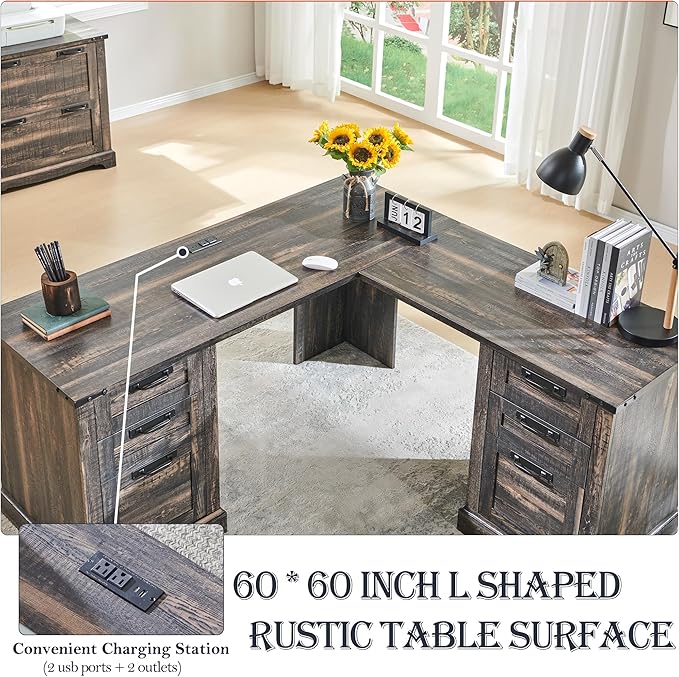 RedLemon 60 Farmhouse L Shaped Executive Desk with Drawers Wood Home Office Corner Desk with Charging Station File Drawer Storage Cabinet Rustic Computer Writing Desk (Dark Rustic Oak)