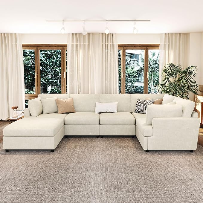 Modern Large Modular Sectional Couch U-Shape Sectional Sofa with Removable Ottoman Polyester Sofa 6-Seater Couch with Solid Wood Legs for Living Room (Beige-29J)