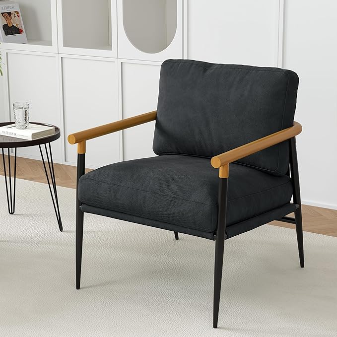 UIXE Metal Armchair Chenille Accent Chair for Living Room Modern Reading Arm Chair with Thicken Cushion - Black Set of 2