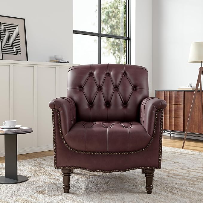 Faux Leather Club Chairs Set of 2 Retro Upholstered Armchair Accent Chair with Solid Wood Legs &amp Nailhead Trim for Living Room/Reading Room Dark Red