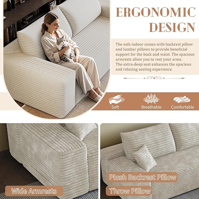 135.4 Boneless Couches for Living Room Modular Sectional Sofa with Oversized Chaise L-Shape Cloud Couch with Deep Seat High-Density Memory Foam No Assembly Required (White Right Facing Chaise)