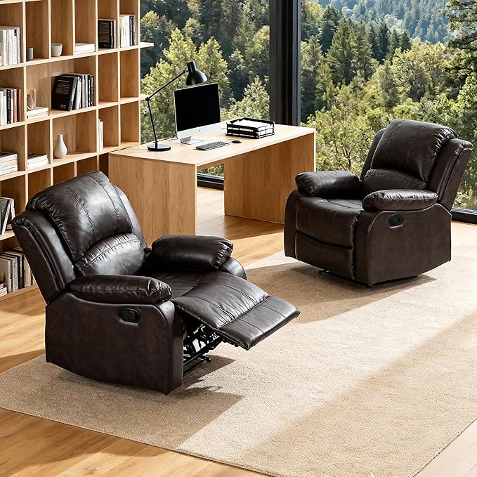 Manual Recliner Chair Adjustable Push Back Leather Reclining for Living Room Reddish Brown