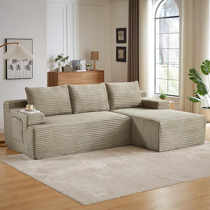 Modern Corduroy Modular Sectional Sofa96.1 Minimalist Style L-Shaped 3 Seat Couch with Side Storage PocketsComfortable Chaise Lounge for Living RoomReception AreaCamel Right Chaise Lounge