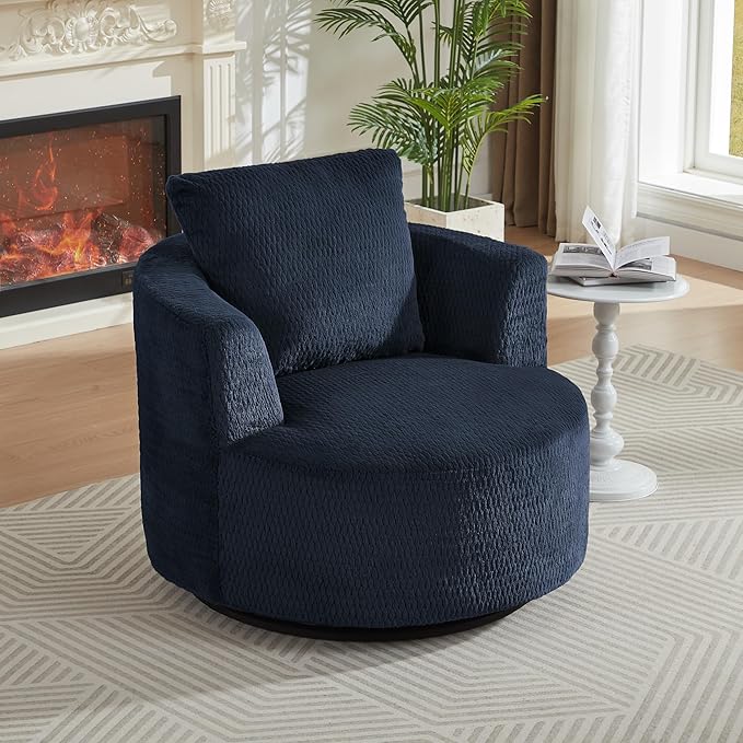 39.4″Wide Round Swivel Accent Barrel Chair Set of 2 Indoor Faux Fur Modern Comfort Upholstered Sponge Sofa Chair for Living Room BedroomOfficeClub (2 Dark Blue)