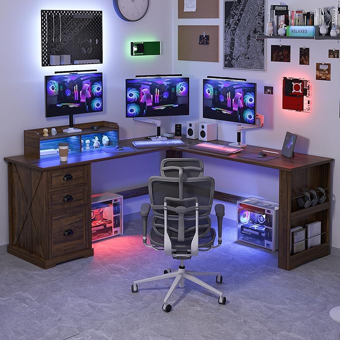 L Shaped Desk with Monitor Stand Farmhouse Computer Desk with LED Lights Executive L Corner Desk with Power Outlets Home Office Desk with Storage File Drawers for Home Working Gaming Walnut