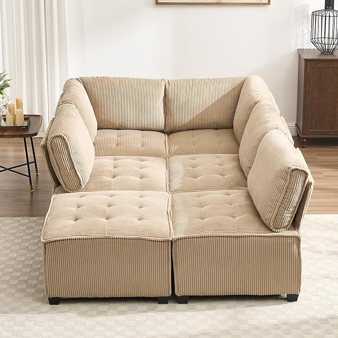 121 U Shaped Modular Sectional Sofa Couch 6 Seat Convertible Upholstered Deep Seat Sleeper Sofa with Chaise Lounge Cloud Couch for Living Room Khaki