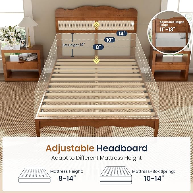 PHI VILLA Full Rattan Bed Frame with Headboard Mid Century Modern Wooden Bed Frames No Box Spring Needed Brown