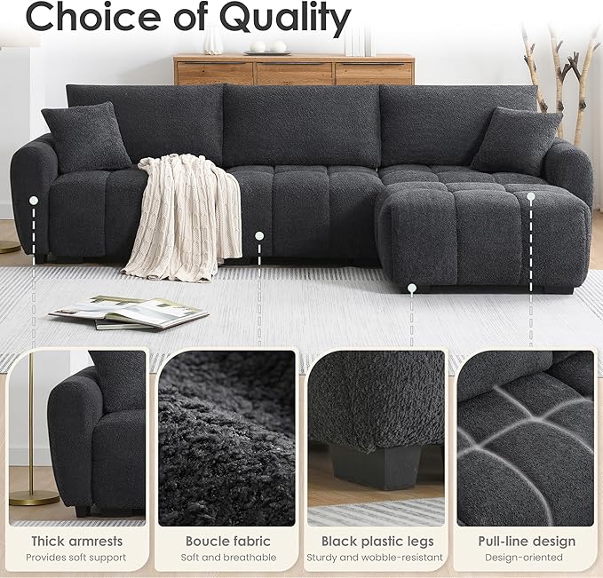 110 Modular Sectional Sofa with Pull-line Design Boucle Fabric L-Shape Upholstered Couch with Extra-Large Seat and Movable Ottoman Free Combination Sturdy Metal &amp Wood Frame (Black-04)