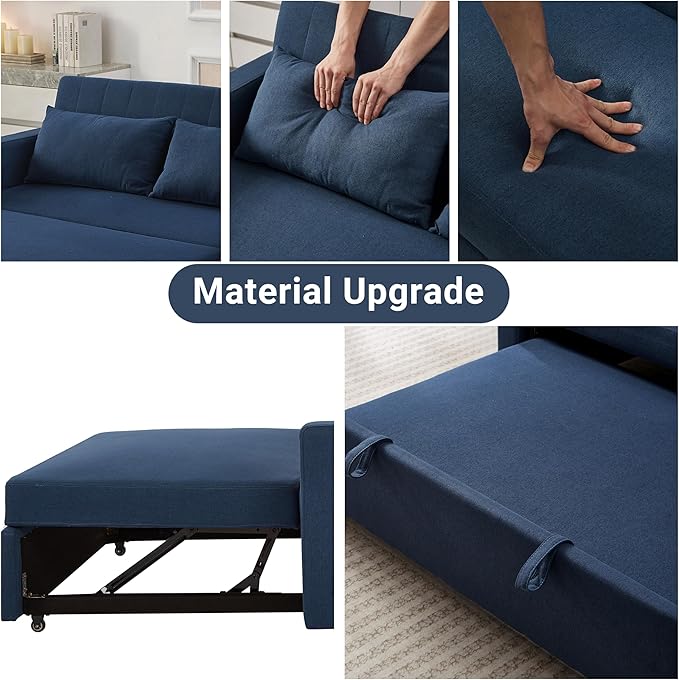 55.5 Fabric Convertible Sofa Bed Pull Out Sleeper Sofa Bed Loveseat Couch with Side Pocket 3 in 1 Convertible Sleeper Sofa Bed for Living Room Apartment Bedroom RV Navy Blue