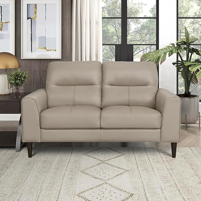 Lexicon Leather Match Loveseat Sofa Modern Couch Sofa Oversized Loveseat Solid Wood Legs Top Grain Leather 2 Seater Couch for Living Room Bedroom Office Apartment Waiting Room Latte