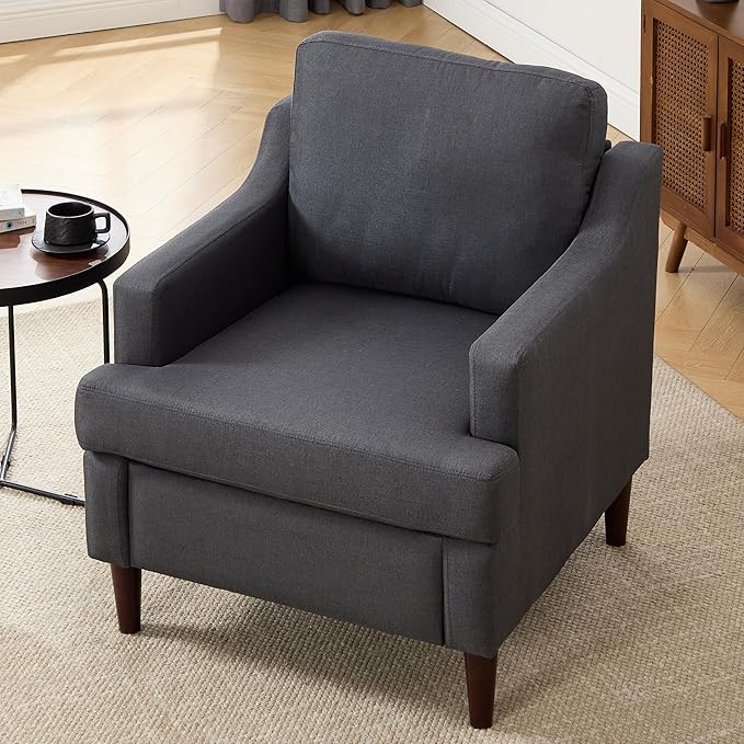 Mid-Century Accent Chair Modern Linen Fabric Armchair for Living RoomComfy Upholstered Reading Chairs for BedroomSingle Sofa Chair with Wood Legs (Darkgrey Set of 2)