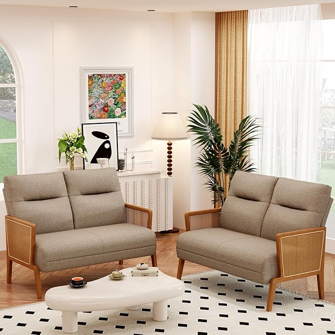 Love Seat Settee Mini Couch Upholstered Sofa with Natural Rattan Armrest Backrest Couch Bench Loveseat for Living Room Bedroom Brown Grey