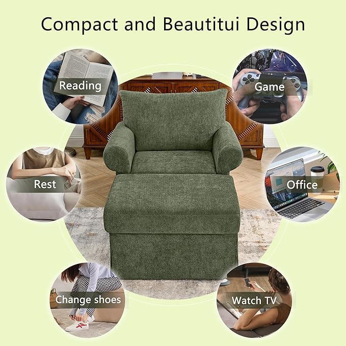 35.82 Accent Chair with Ottoman Set Upholstered Living Room Chairs for Reading Chair with Chaise Lounge Chairs Indoor Comfortable Armchair for Bedroom (Green 35.82)