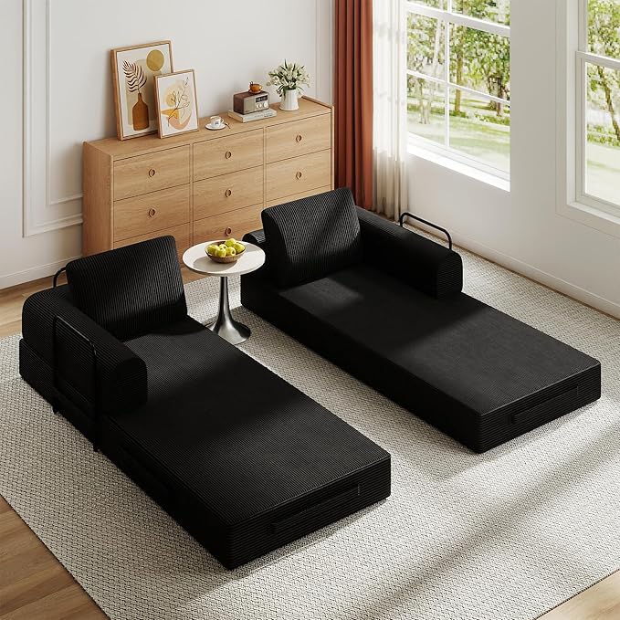 79 Convertible Sleeper Sofa Bed Oversized Corduroy Floor Couch with 2 Pillows Pull Out Memory Foam Mattress Guest Bed High-Density Sleeper Loveseat for Living Room Apartment [Black]