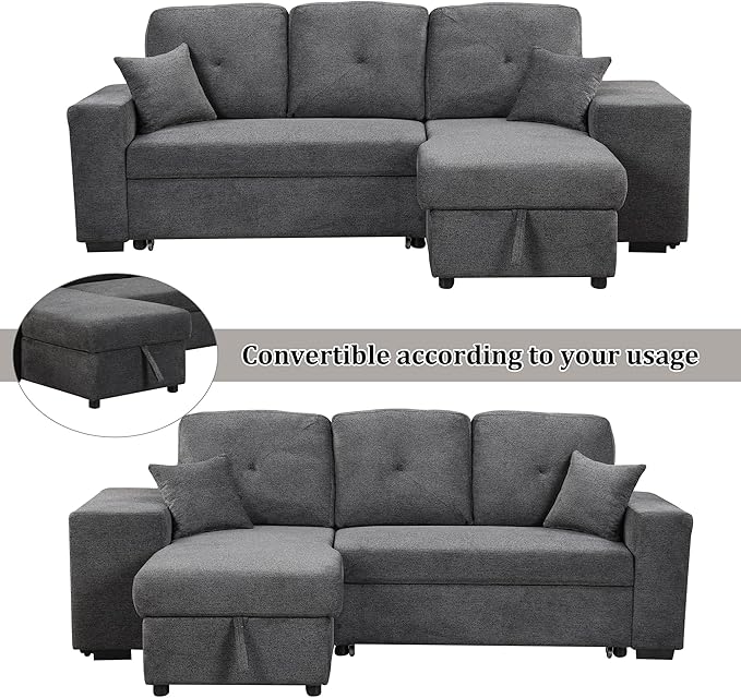 Flieks Reversible Sleeper Sectional Sofa Bed with Side Shelf and 2 StoolsPull-Out L-Shaped Sofa BedCorner Sofa-Bed with Storage Chaise Left/Right Hande for Living RoomBlue Black