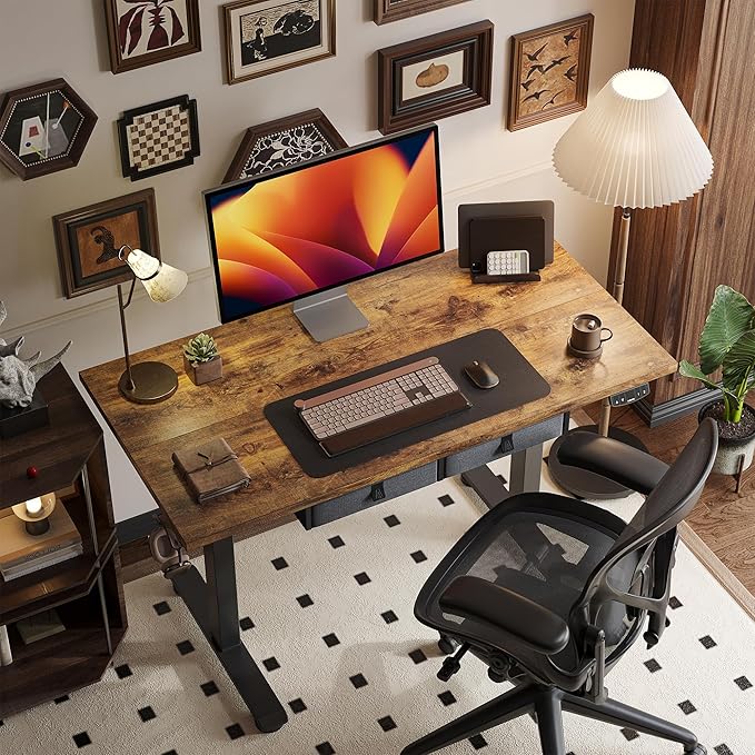 Agilestic Height Adjustable Desk with 2 Drawers 55 x 24 Inches Electric Standing Desk Stand up Computer Table with Memory Preset for Work Office Home Dark Brown