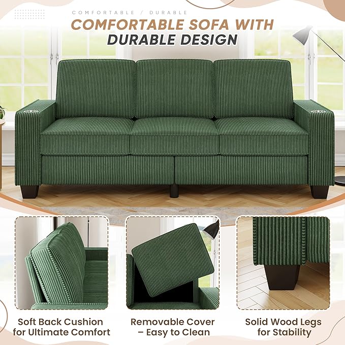 83.86 Corduroy 3-Seater Sofa with Extra Deep Seat Modern Cloud Couch with 2 Cup Holders Comfy Upholstered Sofa for Living Room Apartment &amp Office Green