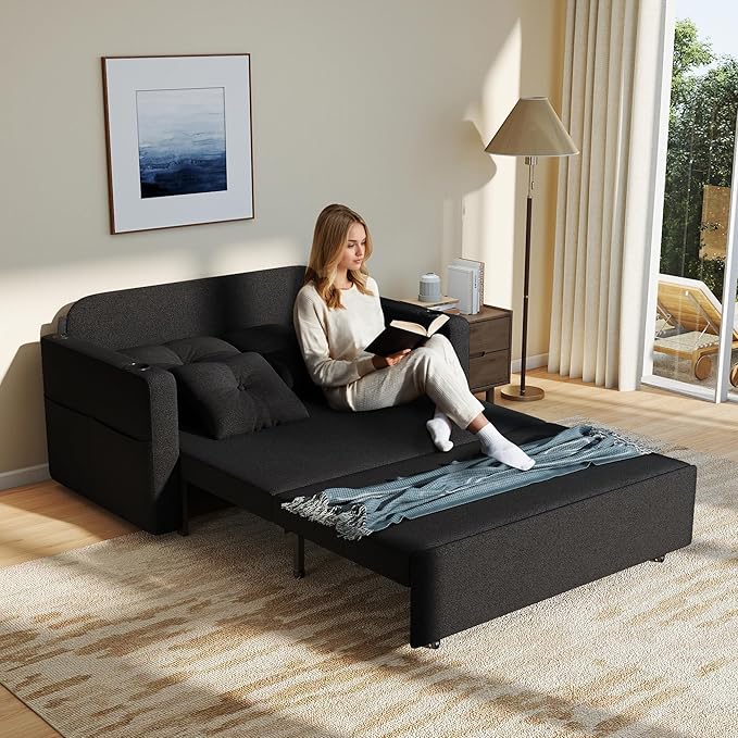 3 in 1 Sofa Bed 56 Inch Convertible Pull Out Couch Loveseat Sleeper Sofa with Cup Holders USB Couch Bed for Living Room Bedroom Apartment Black