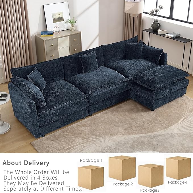 Setawix Deep 3 Seater Couch with Ottoman112.2 L-Shaped Cloud Couches for Living RoomChenille Cloud Sofa Couch with Deep SeatModular Sectional L Shape 3 Seat Sofa for Bedroom. (Blue 3+1)