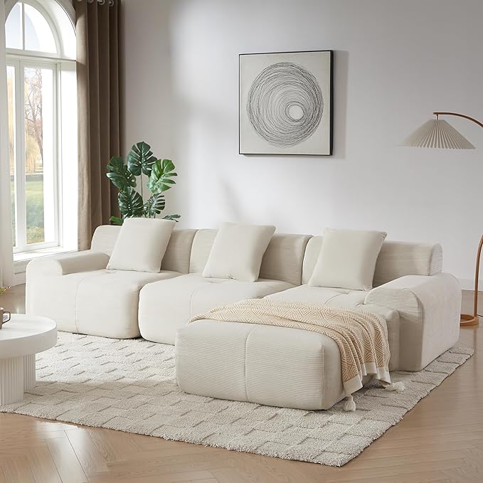 113 Cloud Compressed Modular Sectional Sofa Boneless Couch for Living Room Modern Corduroy Upholstered L-Shaped Corner Couch with Reversible Ottoman for Apartment | Deep Seat Wider Armrest Free Co