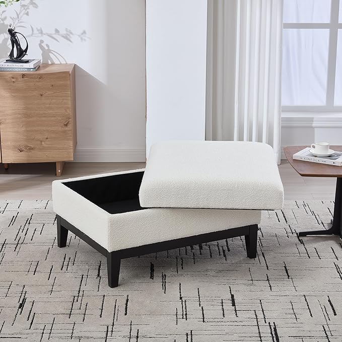 Wood Base Accent Arm Chair with Ottoman and Bolster PillowsStorage Footstool with Reversible Lid Coffee Table for Living Room Office (33.86W Ivory Foot Stool+Black Base)