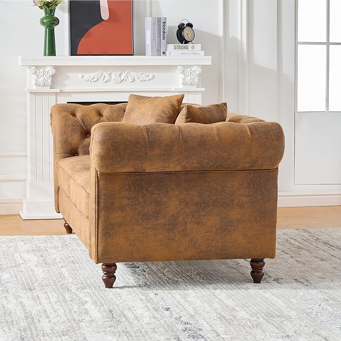 TTK 79 Chesterfield Faux Leather Sofa Couch Upholstered Tufted Rolled Arm 3-Seater Couch with 2 Pillows Mid Century Modern Chesterfield Sofa for Living Room Office Apartment Brown | Button Tufte