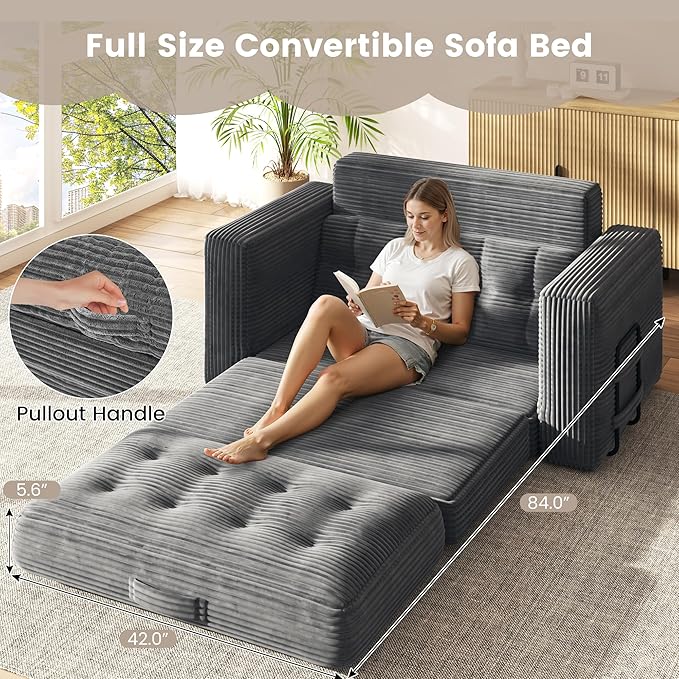 Convertible Sofa Bed 2 in 1 Boneless Couch Bed with 2 Pillows Corduroy Pull out Couch Folding Sofa Bed with Deep Seat Small Loveseat Sleeper Sofa Bed in a Box for Small Spaces No Assembly Required