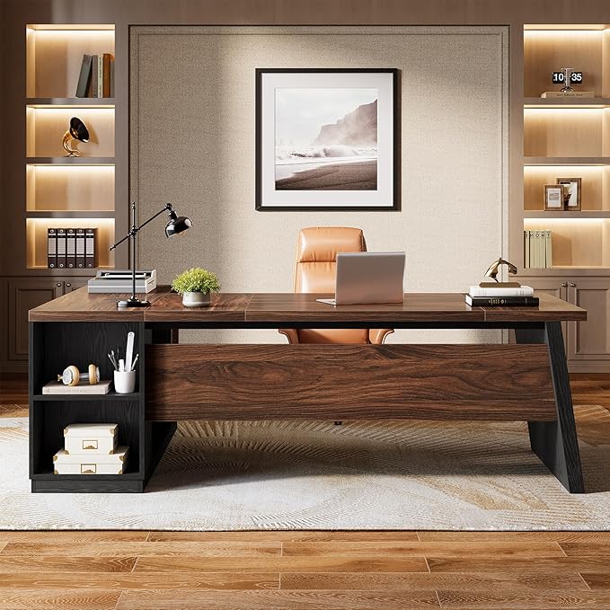 Tribesigns 78 L Shaped Executive Desk Large Office Desk with Drawers and Storage Shelves Modern Corner Computer Table Business Furniture for Home Office (Walnut &amp Brown)