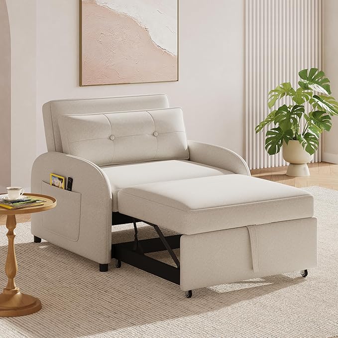 3-in-1 Convertible Sleeper Sofa Bed with Pillow &amp Pocket Loveseat Sleeper Chair in Soft Cotton Linen for Living Room Bedroom Study Apartment Beige