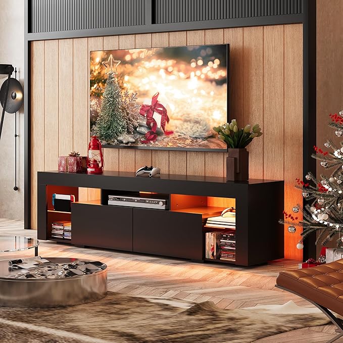 WLIVE 63 inch TV Stand for 50 55 60 65 70 75 Inch TVs Modern Entertainment Center with LED Lights &amp 2 Large Storage Drawers TV Console Gaming Media Television Stands for Living Room Bedroom(Bla