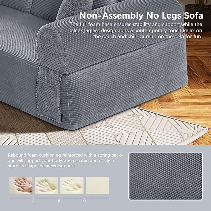 83 Modern Sofa in a Box No Assembly Oversized 3 Seater 28 Deep Seat Cloud Sofa Bed Couch with 4 Furry Pillows &amp Corduroy Fabric Boneless Couch with Side Storage Pockets for Living Room Dark G