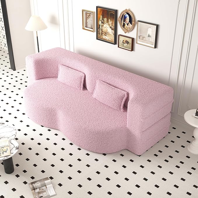 Hommoo Convertible Sleeper Sofa Bed Futon Sofa Folding Mattress Couch Full Size Teddy 2 in 1 Compression Floor Lounge Couch High Density Foam for Living Room/Guest Room/Apartment Pink