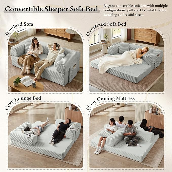 Boneless Couch Folding Couches for Living Room Sofa Futon Sofa Bed with Sleeper Sofa Futon Couch with Fixed-Shape Oversized Corduroy Upholstered (Light Grey 81 Inches)
