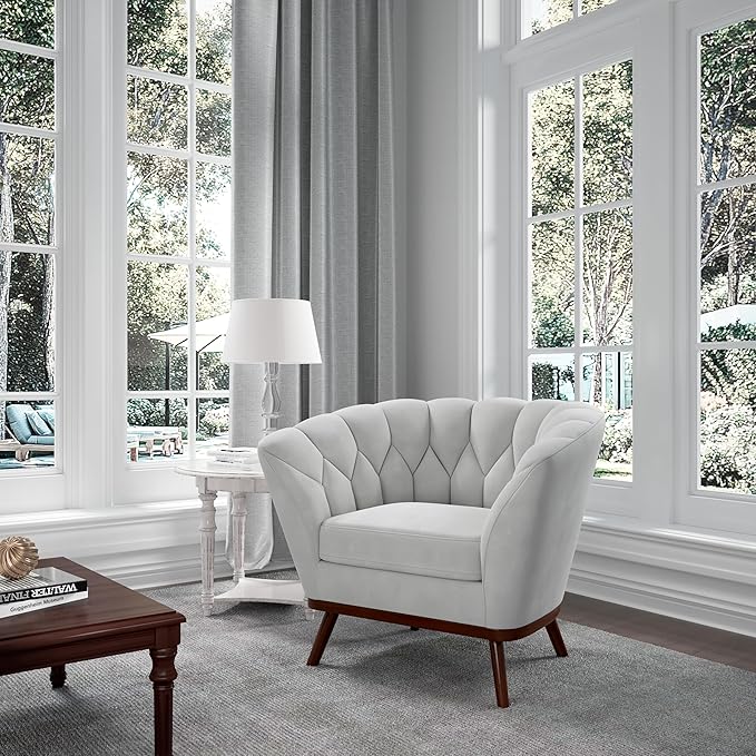 AC Pacific Oscar Upholstered Barrel Accent Chair – Modern Cozy Seating for Living Room Stylish Round Design with Cushion &amp Pillow for Home or Office Spaces Light Grey