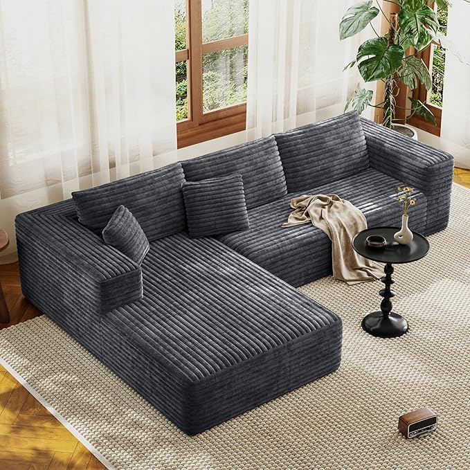 107 Modular Sectional Couches for Living Room Comfy L-Shaped Boneless Cloud Couch with Chaise Modern Deep Seat Corduroy Floor Sofa No Assembly Required (Left Facing Chaise Grey) | High-density sp