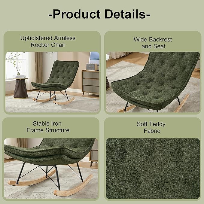 Lazy Rocking ChairComfortable Lounge Chair with Wide Backrest and Seat Wood Base Upholstered Armless Rocker Chair for Living Room BalconyBedroom and Patio Porch. (Dark Green)