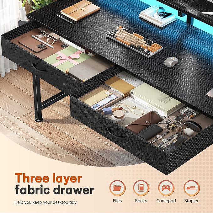 47.3Inch Gaming Desk with LED Lights with 2 Drawers Home Office Desk Computer Desk with Side Pocket &amp Ergonomic Monitor Stand Small Space Study Writing Table with Anti-Tip DesignBlack