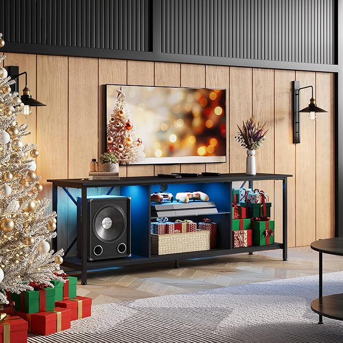 WLIVE Industrial TV Stand with LED Lights for Up to 65 TVs Waterproof &amp Scratch-Resistant Adjustable Shelves Modern Entertainment Center for Living Room Black