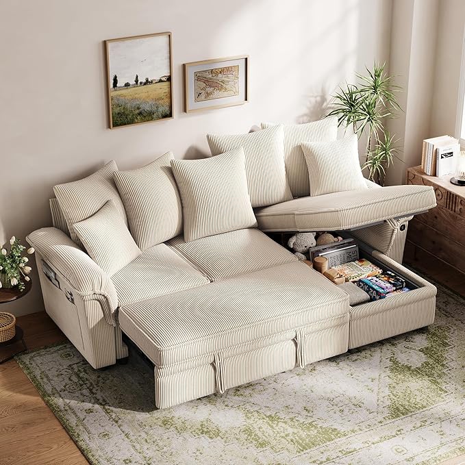 LINSY HOME 90.5'' Sectional Sleeper Sofa with Pull Out Couch Bed Modular (Beige 90.5'') | USB Charging Pillow-style Armrest Multiple Cushions Storage Chaise Corduroy Fabric