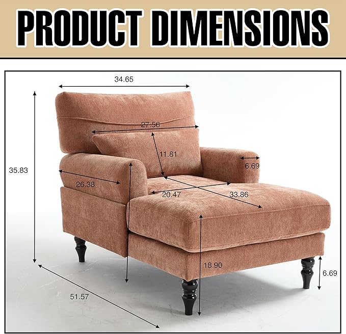 Chaise Lounge Chair Indoor Modern Leisure Sleeper Sofa Chair w/Double Deep Cushion Accent Upholstered Reading Side Armchair Recliner Arm Chairs for Living Room &amp Bedroom Easy AssemblyOrange